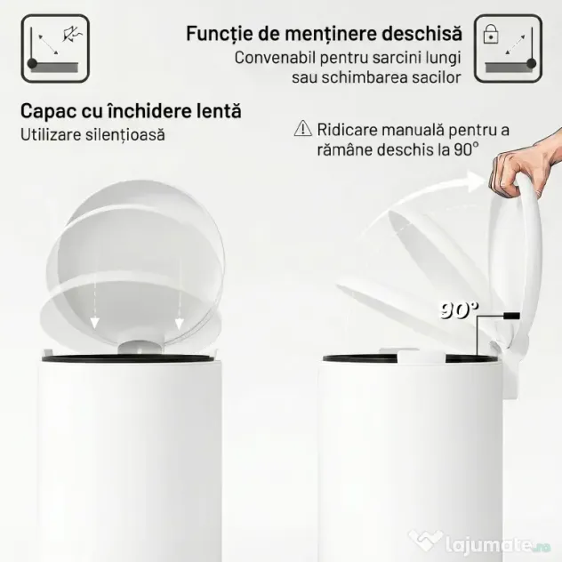 HOMCOM Coș de Gunoi cu Pedală 30L, cu Capac cu Închidere Lentă, din Metal și PP, 36x30x63.5 cm, Alb Crem