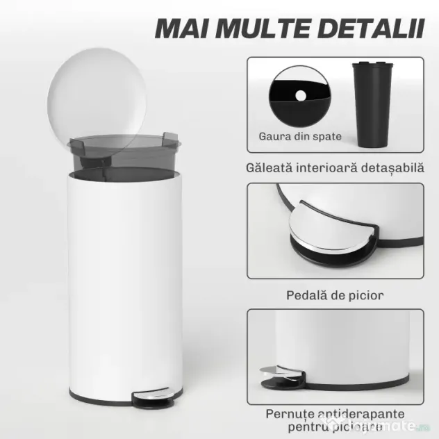 HOMCOM Coș de Gunoi cu Pedală 30L, cu Capac cu Închidere Lentă, din Metal și PP, 36x30x63.5 cm, Alb Crem