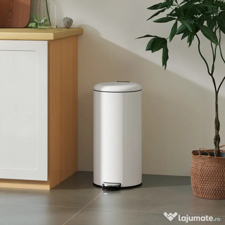 HOMCOM Coș de Gunoi cu Pedală 30L, cu Capac cu Închidere Lentă, din Metal și PP, 36x30x63.5 cm, Alb Crem