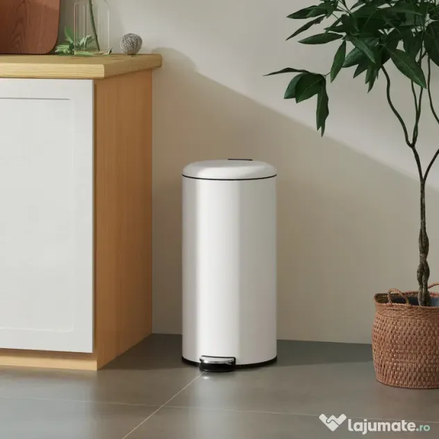 HOMCOM Coș de Gunoi cu Pedală 30L, cu Capac cu Închidere Lentă, din Metal și PP, 36x30x63.5 cm, Alb Crem
