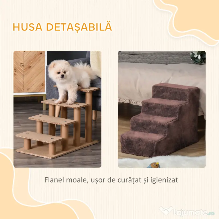 PawHut Scăriță pentru Câini Portabilă cu 4 Trepte, Scară pentru Animale Domestice, 60x35x44 cm, Gri Deschis | Aosom Romania