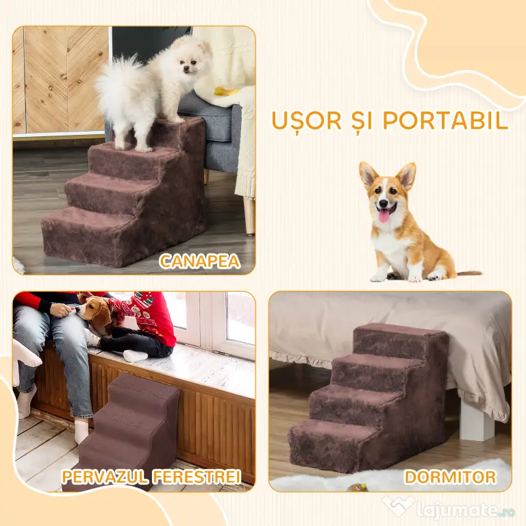 PawHut Scăriță pentru Câini Portabilă cu 4 Trepte, Scară pentru Animale Domestice, 60x35x44 cm, Gri Deschis | Aosom Romania