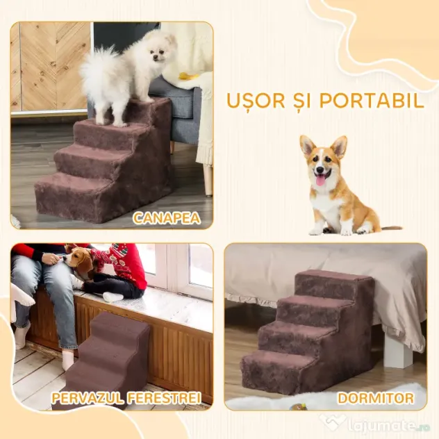 PawHut Scăriță pentru Câini Portabilă cu 4 Trepte, Scară pentru Animale Domestice, 60x35x44 cm, Gri Deschis | Aosom Romania