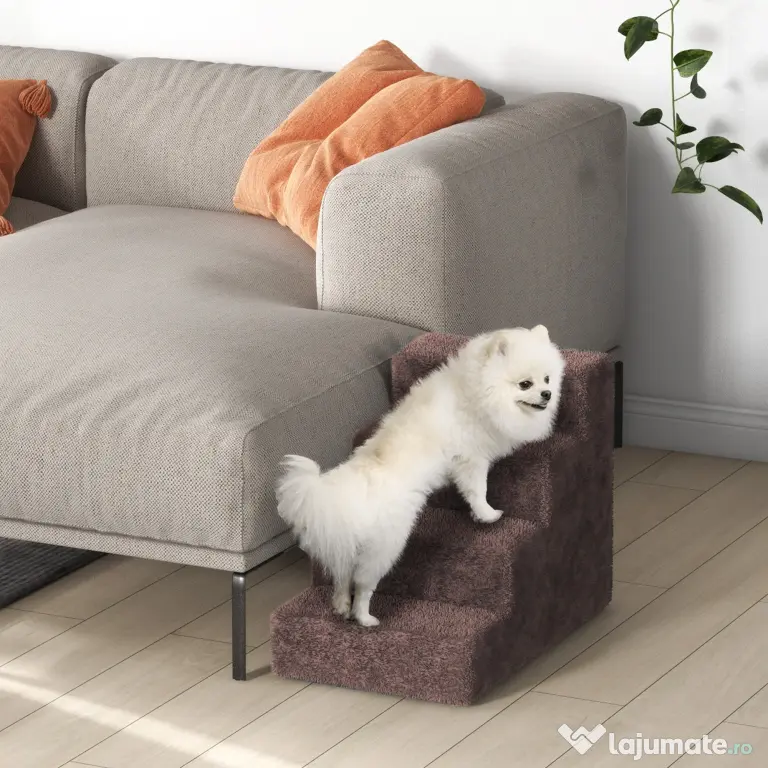 PawHut Scăriță pentru Câini Portabilă cu 4 Trepte, Scară pentru Animale Domestice, 60x35x44 cm, Gri Deschis | Aosom Romania