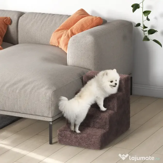 PawHut Scăriță pentru Câini Portabilă cu 4 Trepte, Scară pentru Animale Domestice, 60x35x44 cm, Gri Deschis | Aosom Romania