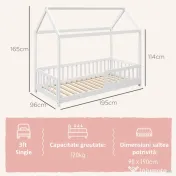 HOMCOM Pat Montessori pentru Copii în Formă de Căsuță cu 15 Șipci și Bariere de Protecție, 96x195x165 cm, Alb | Aosom Romania