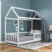 HOMCOM Pat Montessori pentru Copii în Formă de Căsuță cu 15 Șipci și Bariere de Protecție, 96x195x165 cm, Alb | Aosom Romania