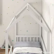 HOMCOM Pat Montessori pentru Copii în Formă de Căsuță cu 15 Șipci și Bariere de Protecție, 96x195x165 cm, Alb | Aosom Romania