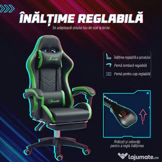Vinsetto Scaun Gaming cu Înălțime Reglabilă, Scaun Gaming Ergonomic cu Spătar Rabatabil, 65x65x121-129 cm, Negru | Aosom Romania