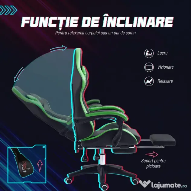 Vinsetto Scaun Gaming cu Înălțime Reglabilă, Scaun Gaming Ergonomic cu Spătar Rabatabil, 65x65x121-129 cm, Negru | Aosom Romania