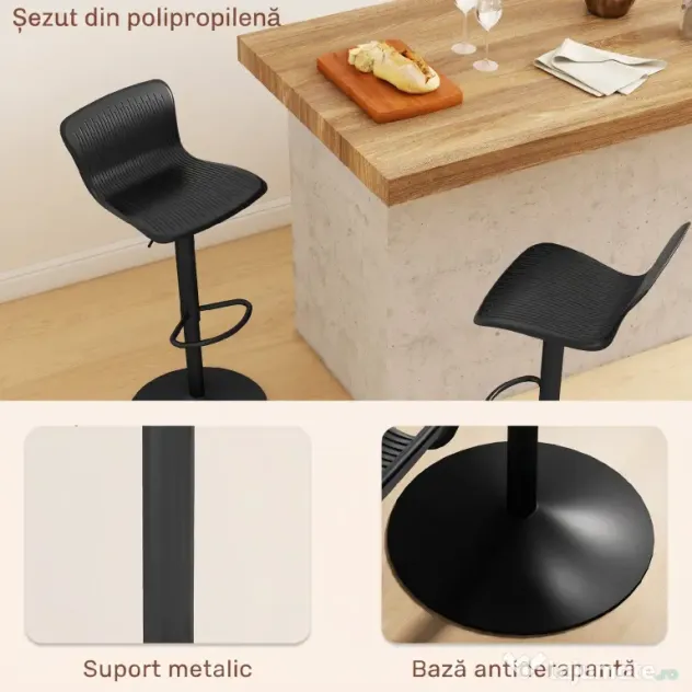 HOMCOM Set 2 Scaune de Bar cu Spătar Ergonomic, 38,5x40x76,5-97,5 cm, Alb | Aosom Romania