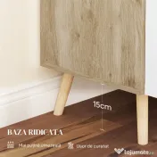 HOMCOM Comodă Modernă cu Raft Reglabil pe 3 Niveluri din Lemn, Alb și Stejar | Aosom Romania