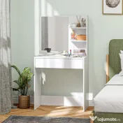HOMCOM Masă de machiaj cu oglindă, 3 rafturi în colț și sertar, din lemn și sticlă, 75x40x137 cm, Alb | Aosom Romania