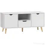 HOMCOM Comodă TV pentru ecrane de până la 50" cu Sertar, Raft Deschis și Dulapuri, 110x40x50 cm, Alb și Lemn