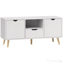 HOMCOM Mobilier TV de 50" cu Sertar, Raft Deschis și 2 Dulapuri, Mobilier TV cu 5 Picioare din Lemn, 110x40x50 cm, Alb | Aosom Romania