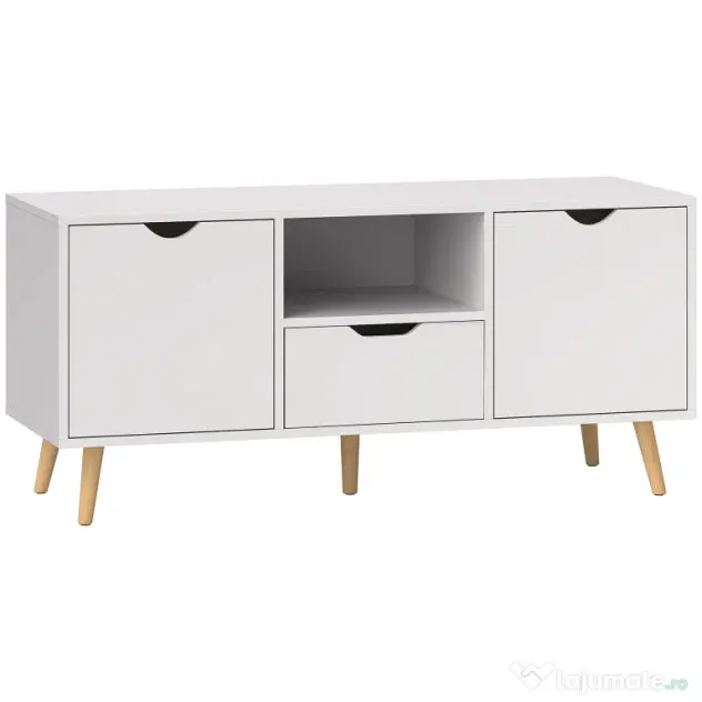 HOMCOM Mobilier TV de 50" cu Sertar, Raft Deschis și 2 Dulapuri, Mobilier TV cu 5 Picioare din Lemn, 110x40x50 cm, Alb | Aosom Romania