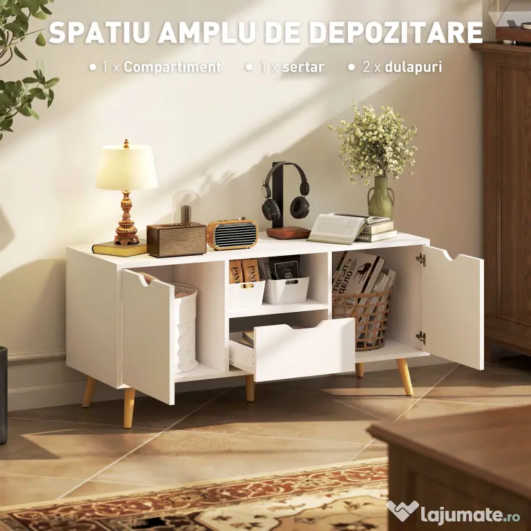 HOMCOM Mobilier TV de 50" cu Sertar, Raft Deschis și 2 Dulapuri, Mobilier TV cu 5 Picioare din Lemn, 110x40x50 cm, Alb | Aosom Romania