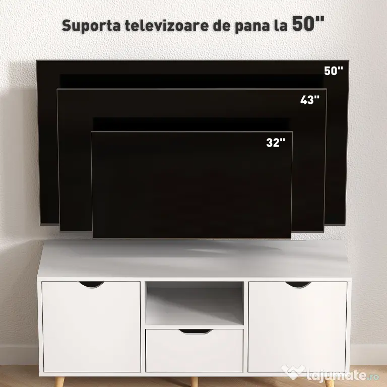 HOMCOM Mobilier TV de 50" cu Sertar, Raft Deschis și 2 Dulapuri, Mobilier TV cu 5 Picioare din Lemn, 110x40x50 cm, Alb | Aosom Romania