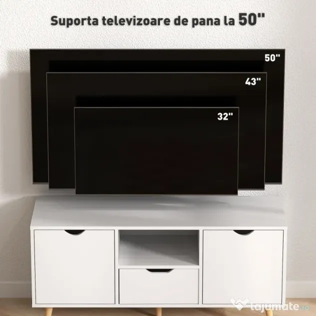 HOMCOM Mobilier TV de 50" cu Sertar, Raft Deschis și 2 Dulapuri, Mobilier TV cu 5 Picioare din Lemn, 110x40x50 cm, Alb | Aosom Romania