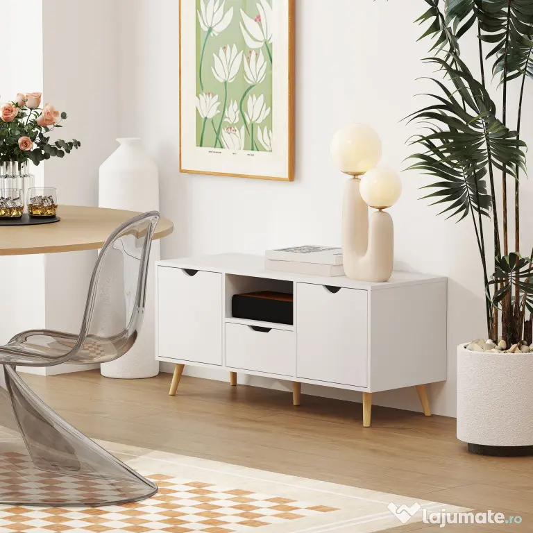 HOMCOM Mobilier TV de 50" cu Sertar, Raft Deschis și 2 Dulapuri, Mobilier TV cu 5 Picioare din Lemn, 110x40x50 cm, Alb | Aosom Romania