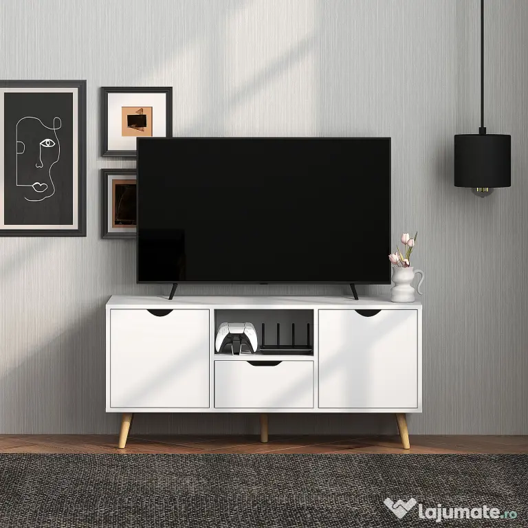 HOMCOM Mobilier TV de 50" cu Sertar, Raft Deschis și 2 Dulapuri, Mobilier TV cu 5 Picioare din Lemn, 110x40x50 cm, Alb | Aosom Romania