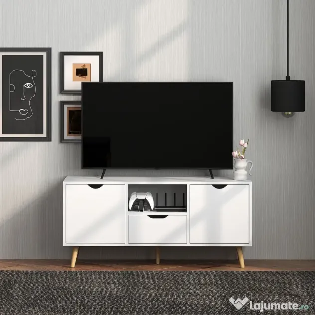 HOMCOM Mobilier TV de 50" cu Sertar, Raft Deschis și 2 Dulapuri, Mobilier TV cu 5 Picioare din Lemn, 110x40x50 cm, Alb | Aosom Romania