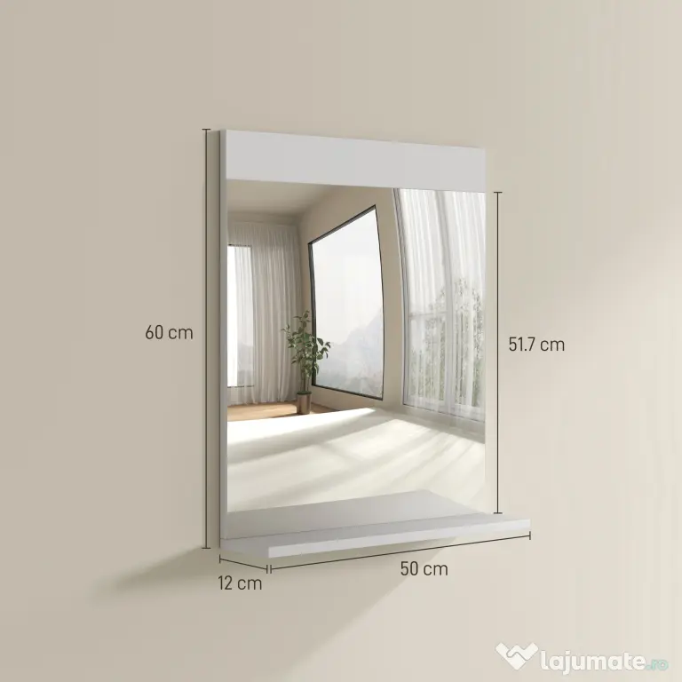 HOMCOM Oglindă de Baie pentru Perete în Stil Modern, Oglindă de Baie cu Raft, 50x12x60 cm, Alb | Aosom Romania