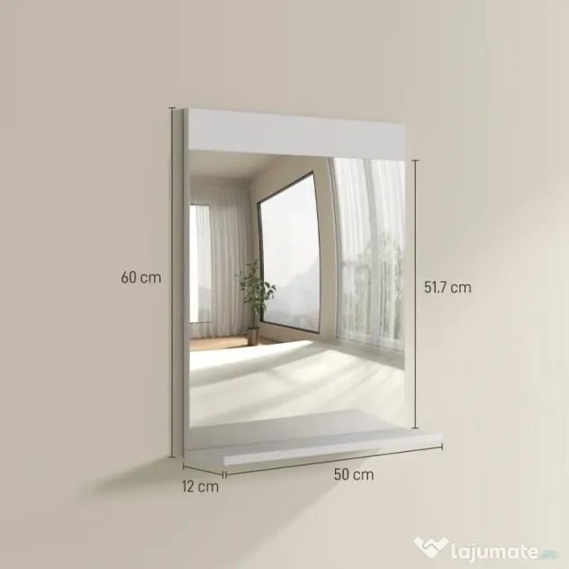 HOMCOM Oglindă de Baie pentru Perete în Stil Modern, Oglindă de Baie cu Raft, 50x12x60 cm, Alb | Aosom Romania