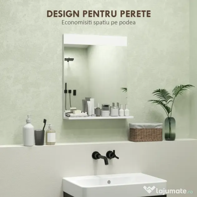 HOMCOM Oglindă de Baie pentru Perete în Stil Modern, Oglindă de Baie cu Raft, 50x12x60 cm, Alb | Aosom Romania