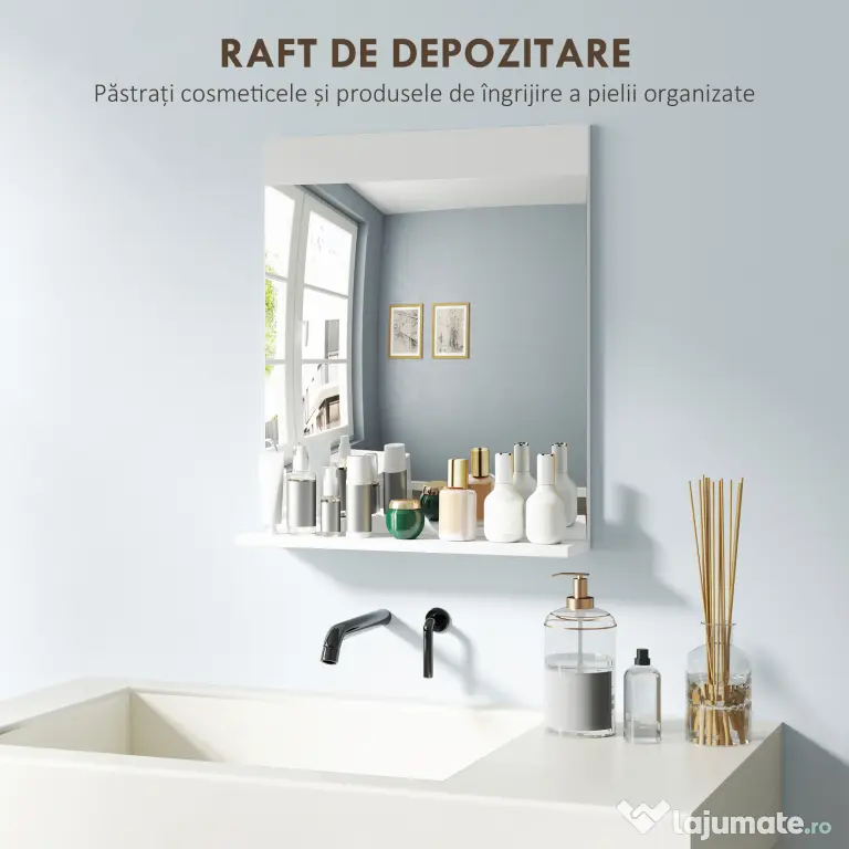 HOMCOM Oglindă de Baie pentru Perete în Stil Modern, Oglindă de Baie cu Raft, 50x12x60 cm, Alb | Aosom Romania