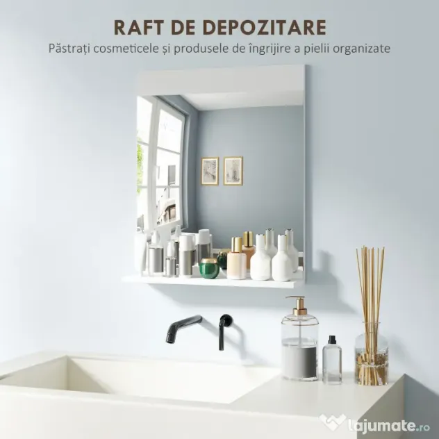 HOMCOM Oglindă de Baie pentru Perete în Stil Modern, Oglindă de Baie cu Raft, 50x12x60 cm, Alb | Aosom Romania