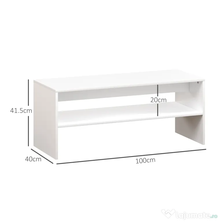 HOMCOM Masă de Cafea Modernă cu 2 Niveluri, cu Raft Deschis și Picioare Antiderapante, 100x40x41,5 cm, Alb | Aosom Romania