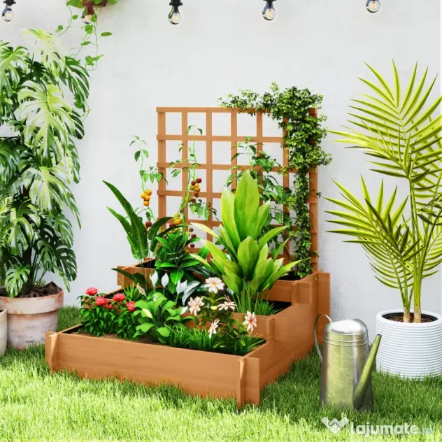 Outsunny Jardinieră cu 3 Niveluri și Grilaj pentru Plante Cățărătoare, Straturi Ridicate din Lemn, 95x95x110cm, Natural | Aosom Romania