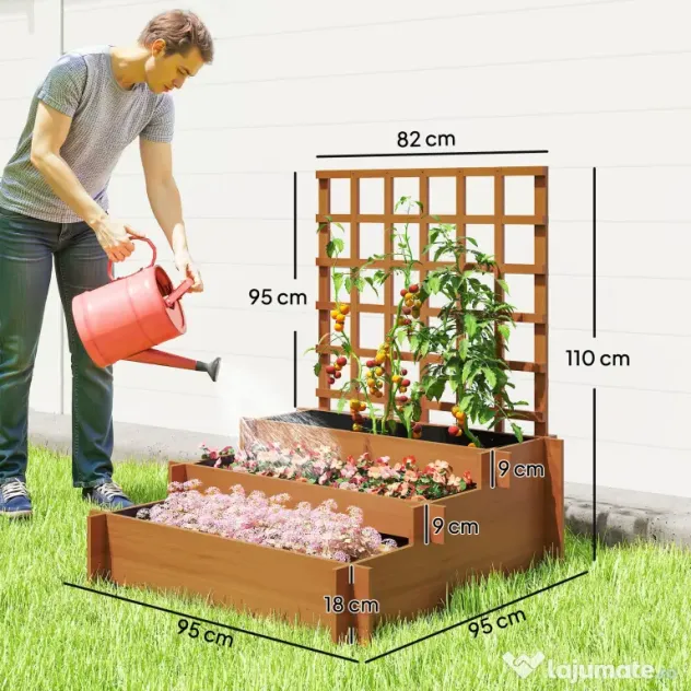 Outsunny Jardinieră cu 3 Niveluri și Grilaj pentru Plante Cățărătoare, Straturi Ridicate din Lemn, 95x95x110cm, Natural | Aosom Romania
