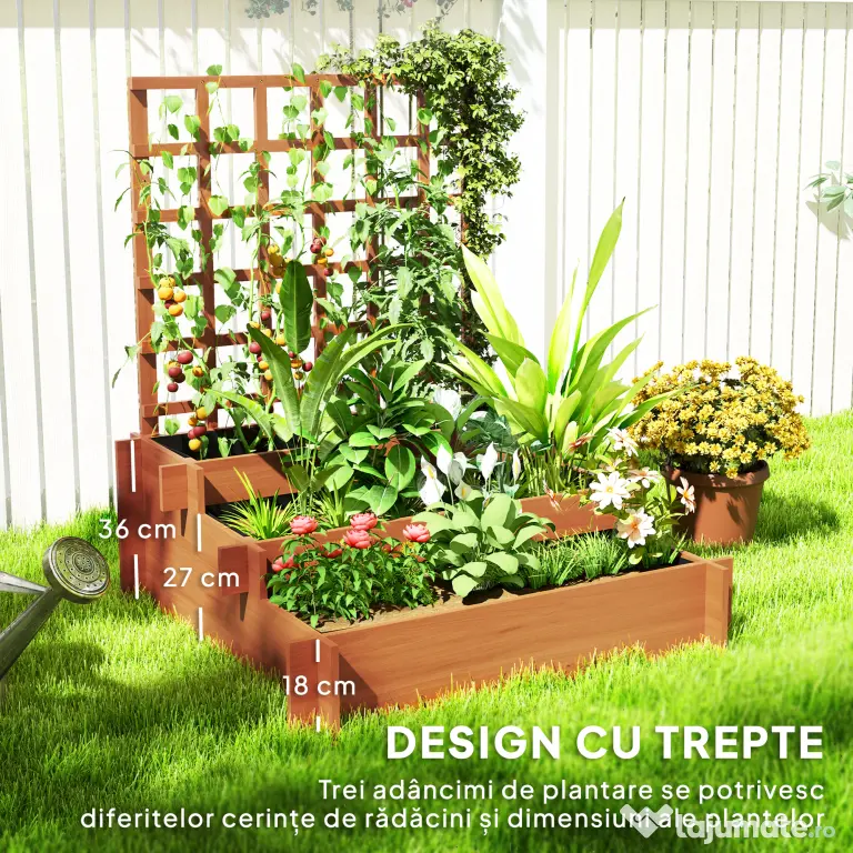 Outsunny Jardinieră cu 3 Niveluri și Grilaj pentru Plante Cățărătoare, Straturi Ridicate din Lemn, 95x95x110cm, Natural | Aosom Romania