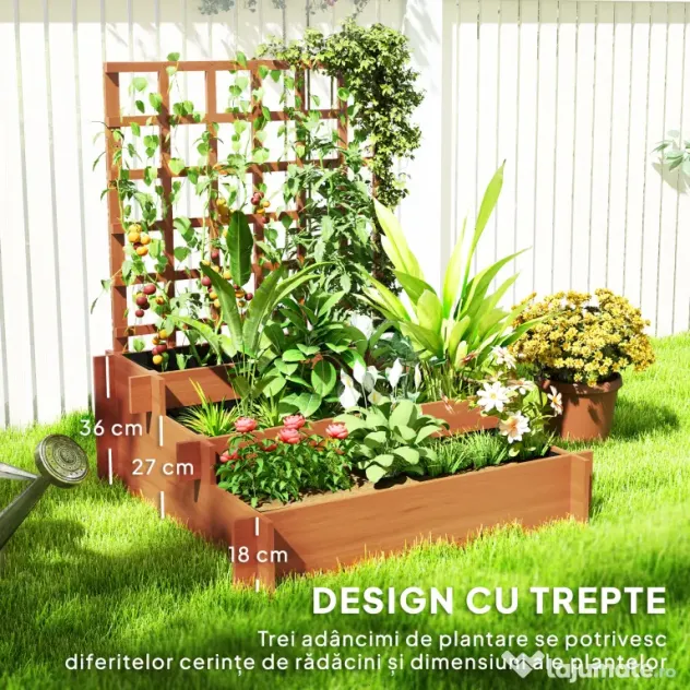 Outsunny Jardinieră cu 3 Niveluri și Grilaj pentru Plante Cățărătoare, Straturi Ridicate din Lemn, 95x95x110cm, Natural | Aosom Romania