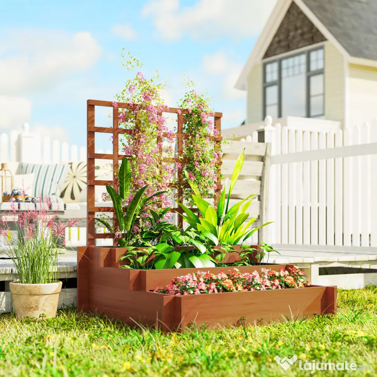 Outsunny Jardinieră cu 3 Niveluri și Grilaj pentru Plante Cățărătoare, Straturi Ridicate din Lemn, 95x95x110cm, Natural | Aosom Romania