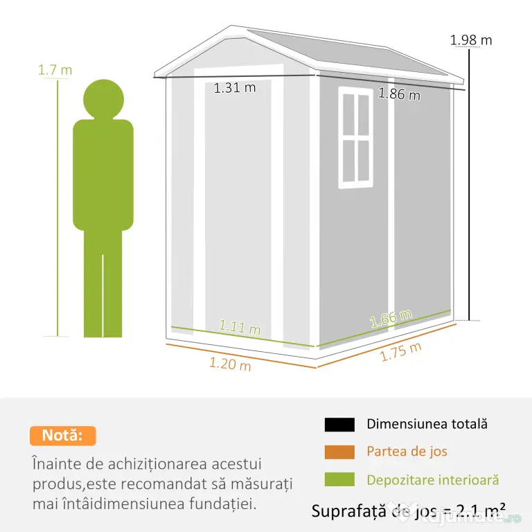 Outsunny Șopron de Grădină din PP cu Podea, Ușă cu Încuietoare și Acoperiș Înclinat, 131x186x198 cm, Gri | Aosom Romania