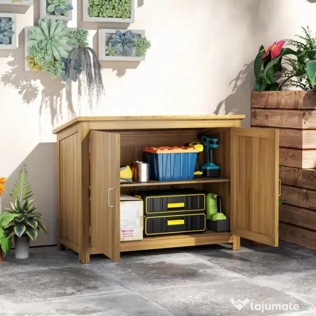 Outsunny Magazie pentru Unelte cu 2 Uși, 2 Rafturi și Acoperiș Înclinat, 110x50x85 cm, Maro | Aosom Romania