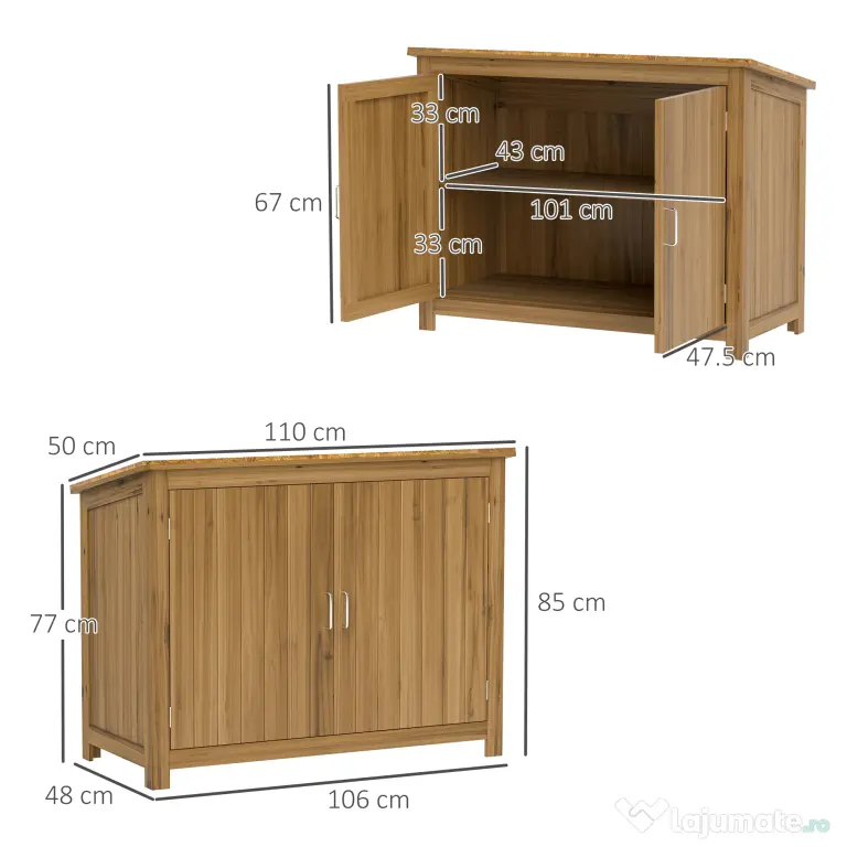 Outsunny Magazie pentru Unelte cu 2 Uși, 2 Rafturi și Acoperiș Înclinat, 110x50x85 cm, Maro | Aosom Romania