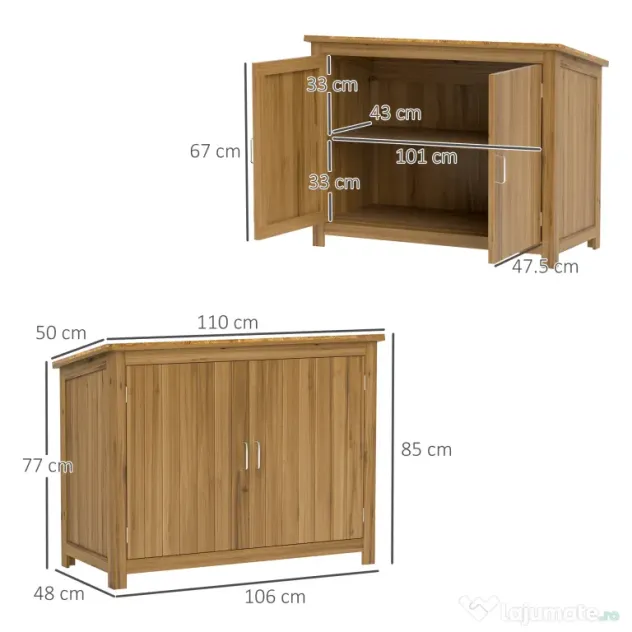 Outsunny Magazie pentru Unelte cu 2 Uși, 2 Rafturi și Acoperiș Înclinat, 110x50x85 cm, Maro | Aosom Romania