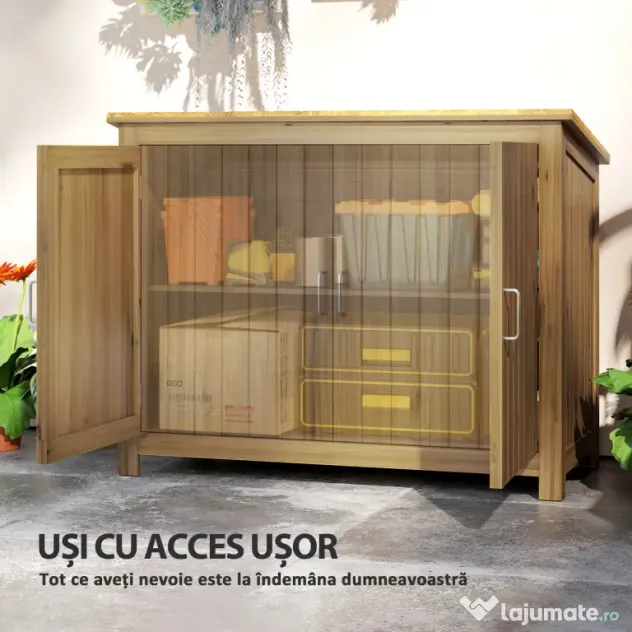 Outsunny Magazie pentru Unelte cu 2 Uși, 2 Rafturi și Acoperiș Înclinat, 110x50x85 cm, Maro | Aosom Romania