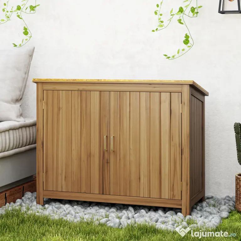 Outsunny Magazie pentru Unelte cu 2 Uși, 2 Rafturi și Acoperiș Înclinat, 110x50x85 cm, Maro | Aosom Romania