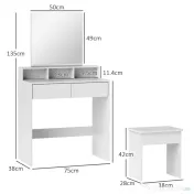 HOMCOM Masă de Toaletă cu Taburet, Masă de Machiaj cu Oglindă, 3 Rafturi, 2 Sertare, din Lemn, 75x38x135 cm, Alb | Aosom Romania