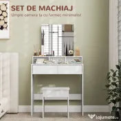 HOMCOM Masă de Toaletă cu Taburet, Masă de Machiaj cu Oglindă, 3 Rafturi, 2 Sertare, din Lemn, 75x38x135 cm, Alb | Aosom Romania
