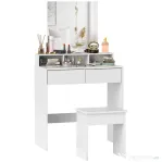 HOMCOM Masă de Toaletă cu Taburet, Masă de Machiaj cu Oglindă, 3 Rafturi, 2 Sertare, din Lemn, 75x38x135 cm, Alb