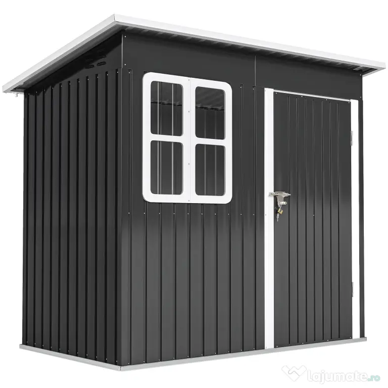 Outsunny Căsuță de Grădină 2,55m² din Oțel Zincat cu Kit de Fundație, Ușă Blocabilă, Acoperiș Înclinat, Gri | Aosom Romania
