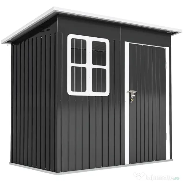 Outsunny Căsuță de Grădină 2,55m² din Oțel Zincat cu Kit de Fundație, Ușă Blocabilă, Acoperiș Înclinat, Gri | Aosom Romania