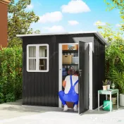 Outsunny Căsuță de Grădină 2,55m² din Oțel Zincat cu Kit de Fundație, Ușă Blocabilă, Acoperiș Înclinat, Gri | Aosom Romania 
