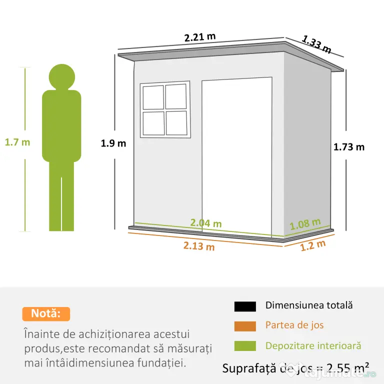 Outsunny Căsuță de Grădină 2,55m² din Oțel Zincat cu Kit de Fundație, Ușă Blocabilă, Acoperiș Înclinat, Gri | Aosom Romania